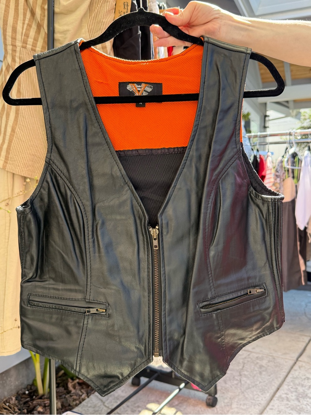 Vintage Vance Leather Zip Front Vest with Orange Lining